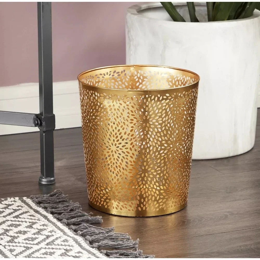 CosmoLiving by Cosmopolitan Metal Small Waste Bin with Laser Carved Floral De...